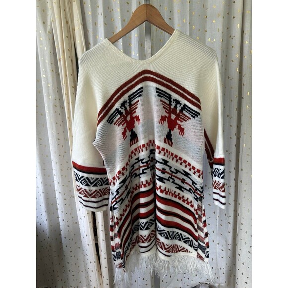 Vintage 70s Unbranded Thunderbird Peruvian Fringe Poncho Tunic Sweater One Size - Picture 3 of 3